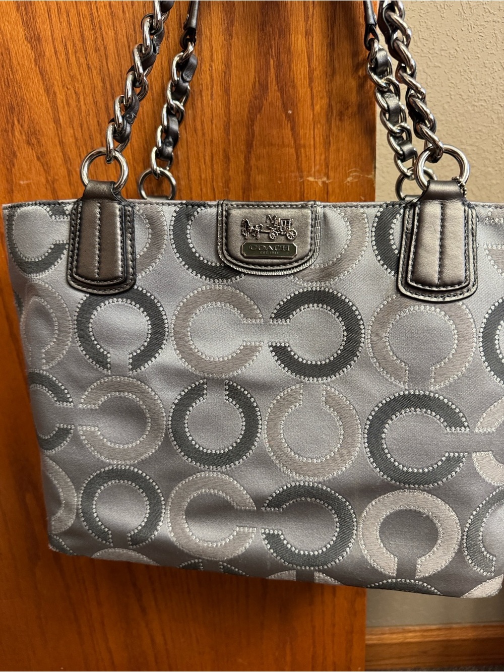 Coach Gray Signature Chain-Handle Shoulder Tote euc